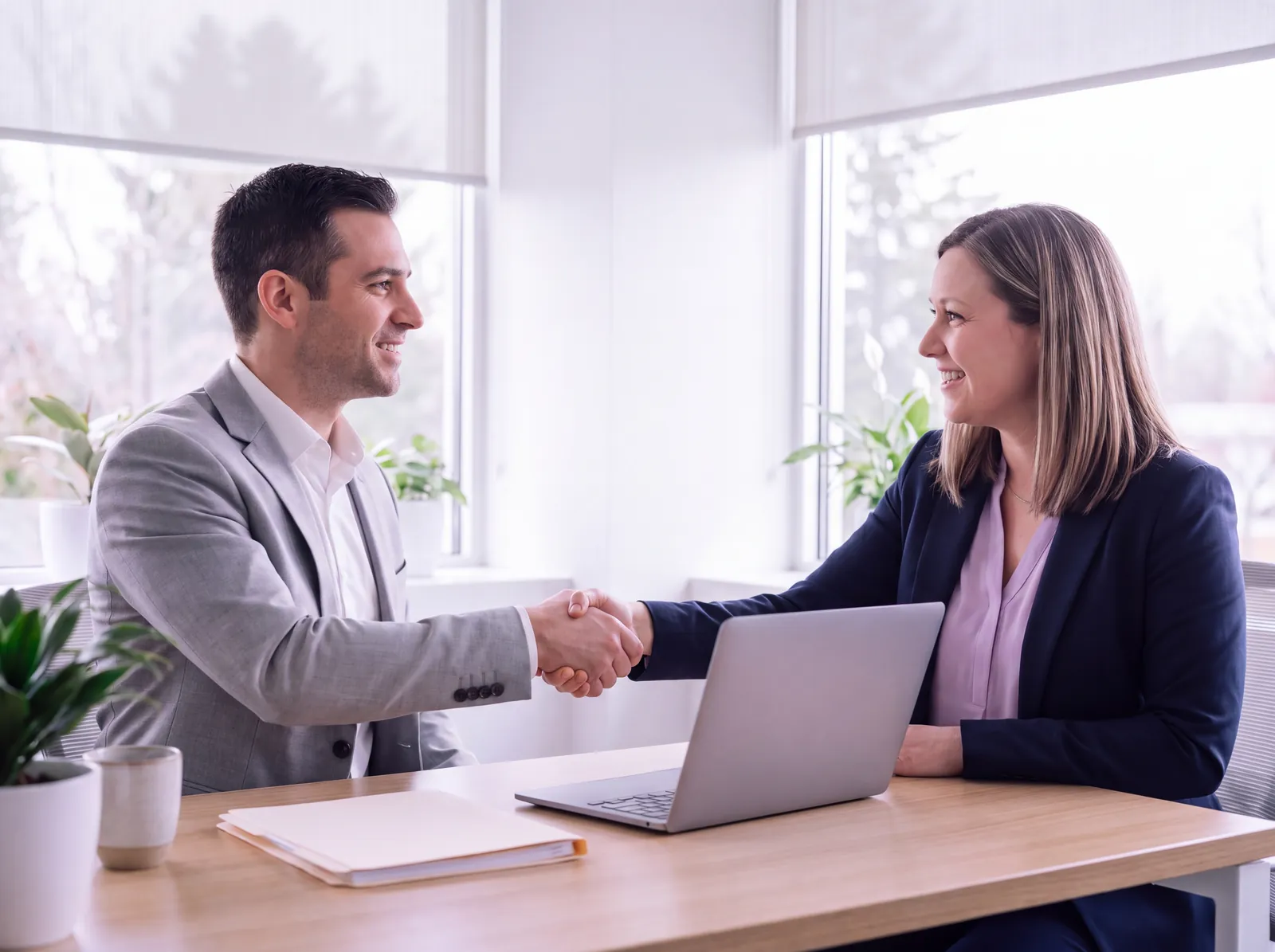The same accountant shakes hands with a partner manager across a desk with a laptop